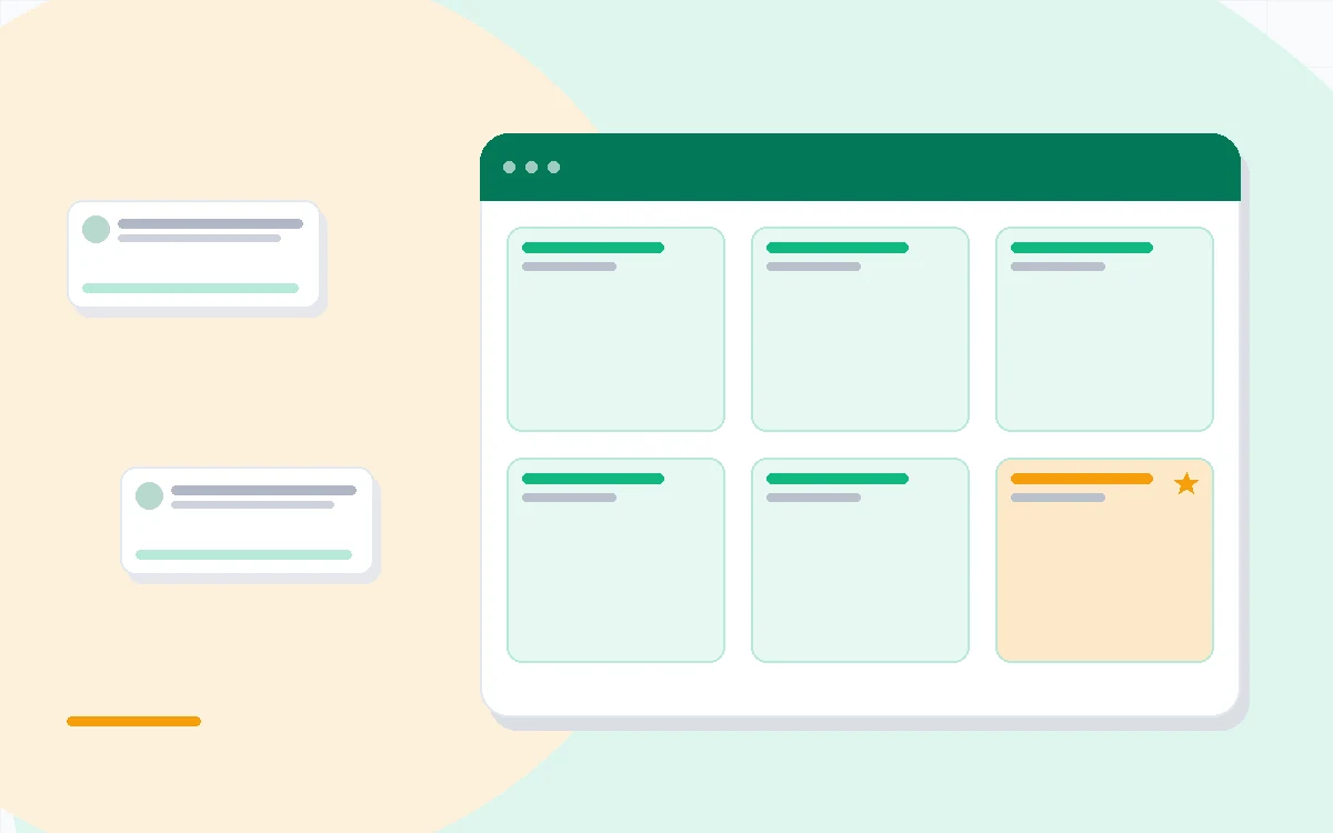 Flat illustration of a checklist panel beside a Pomodoro timer icon and a weekly calendar view, deep blue and amber palette