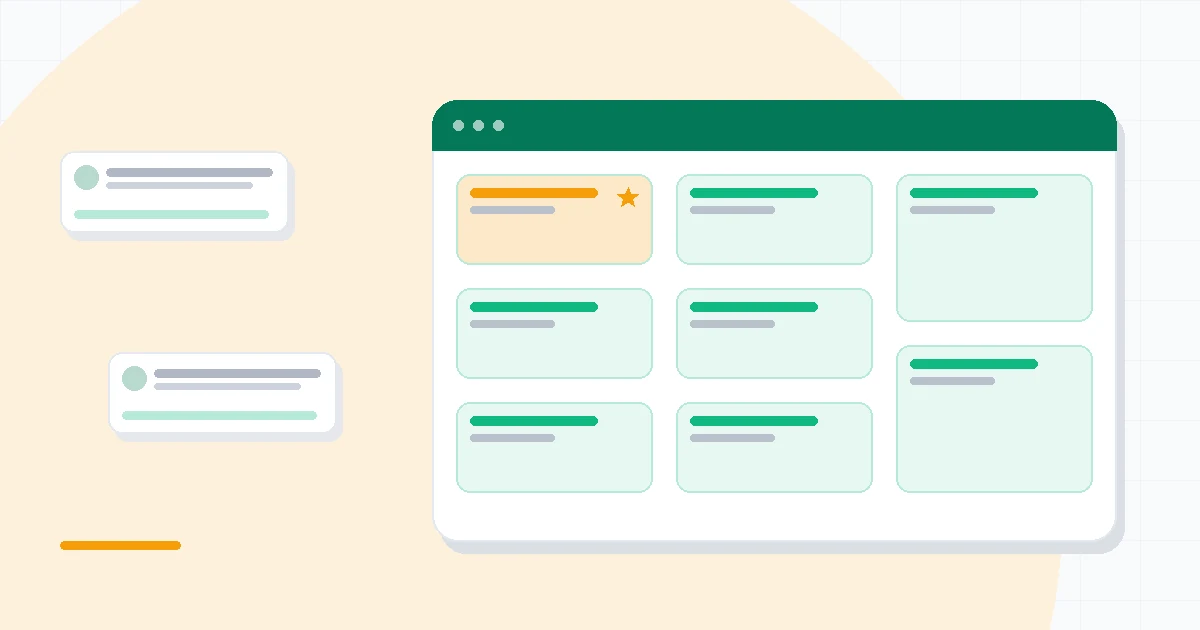 Flat illustration of a checklist task panel beside a Pomodoro timer icon and a weekly calendar grid, deep blue and amber palette