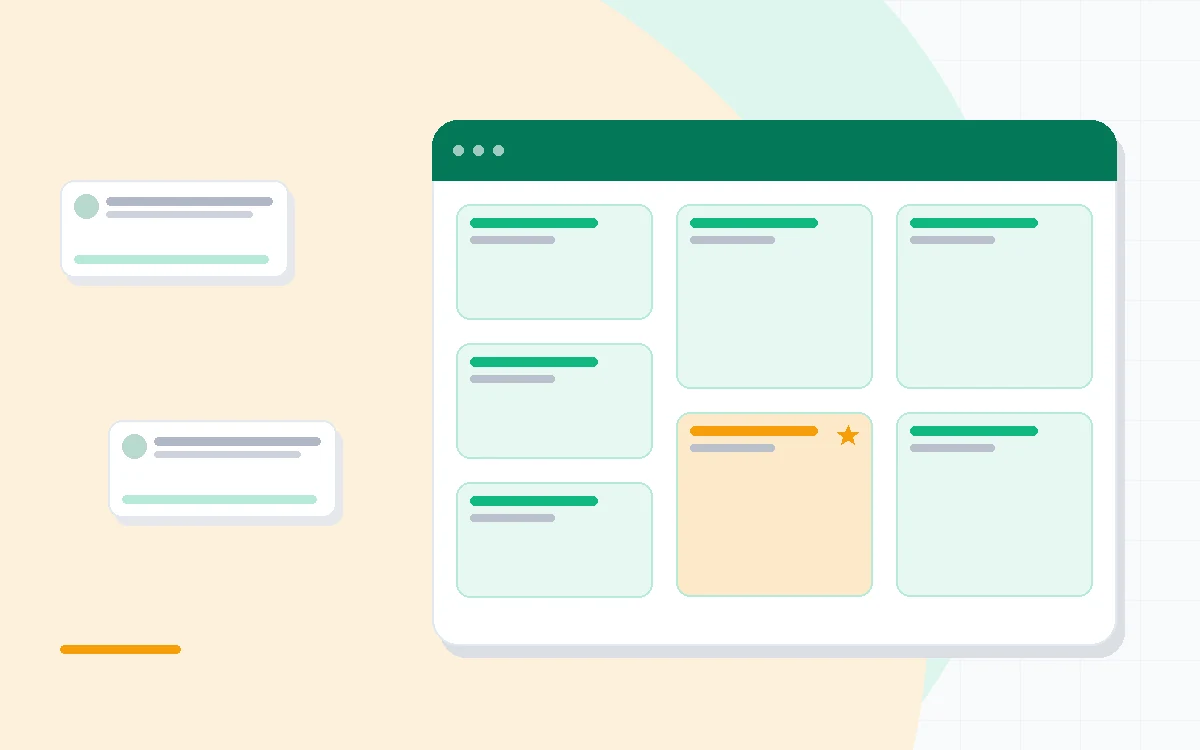 Flat illustration of a checklist task panel beside a project folder icon and a simple progress bar, deep blue and amber palette