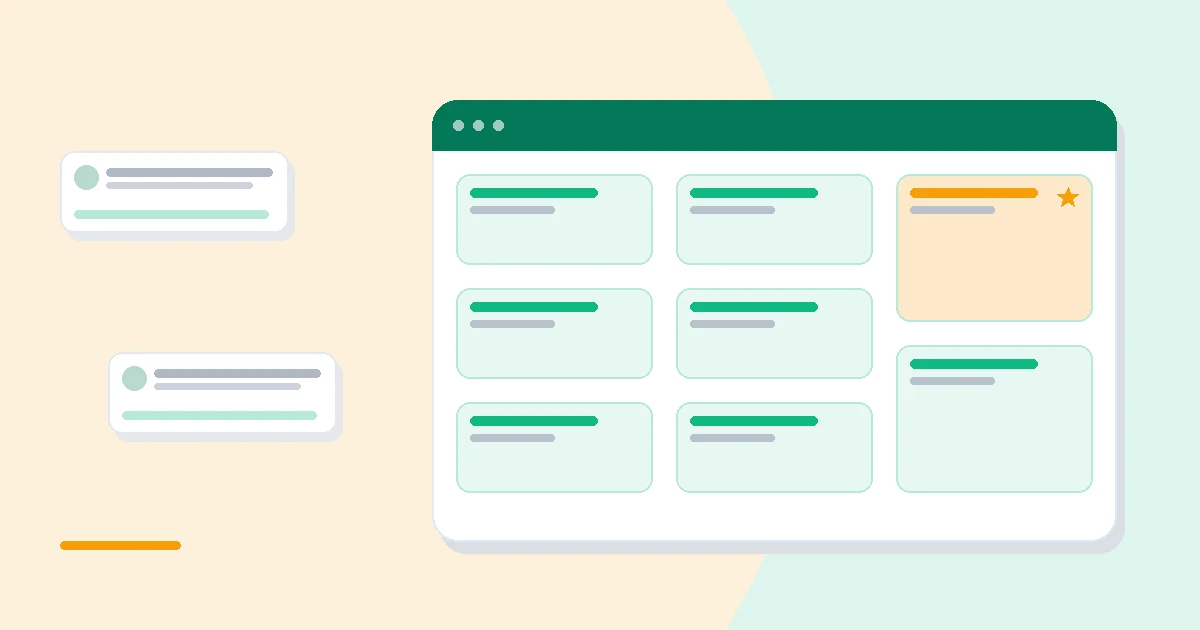 Flat illustration of a checklist task panel beside a project folder icon and a simple progress bar, deep blue and amber palette