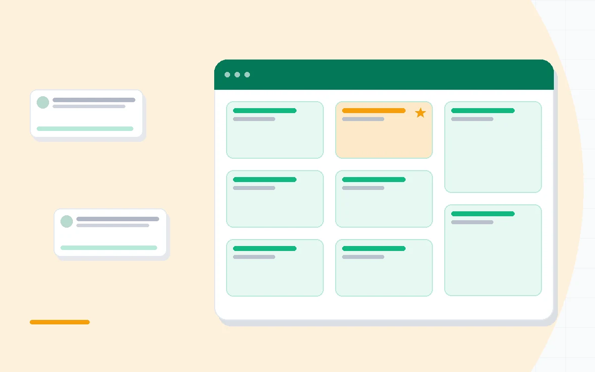 Flat illustration of a calendar, habit tracker and timer grouped around a checklist, deep blue and amber palette