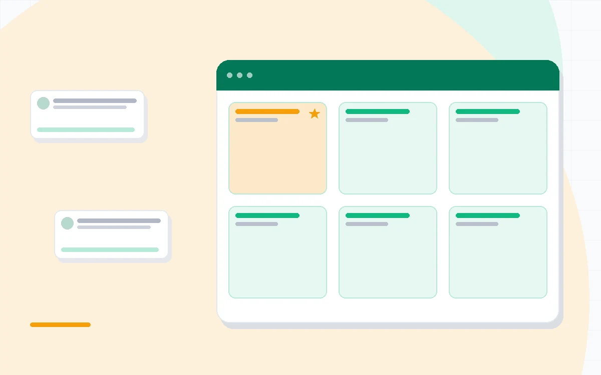 Flat illustration of a simple kanban board beside a layered workspace of pages and databases, deep blue and amber palette