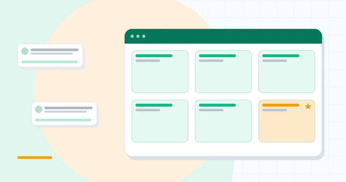 Flat illustration of a kanban board beside a layered workspace of pages, deep blue and amber palette