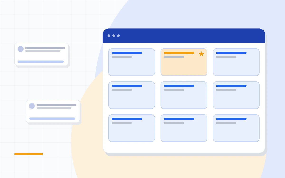 Flat illustration of a sales pipeline board beside a support ticket queue and a marketing campaign panel, deep blue and amber palette