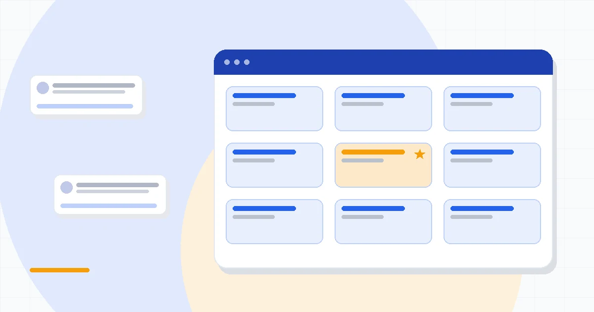 Flat illustration of a sales pipeline board beside a support ticket queue and a marketing campaign panel, deep blue and amber palette