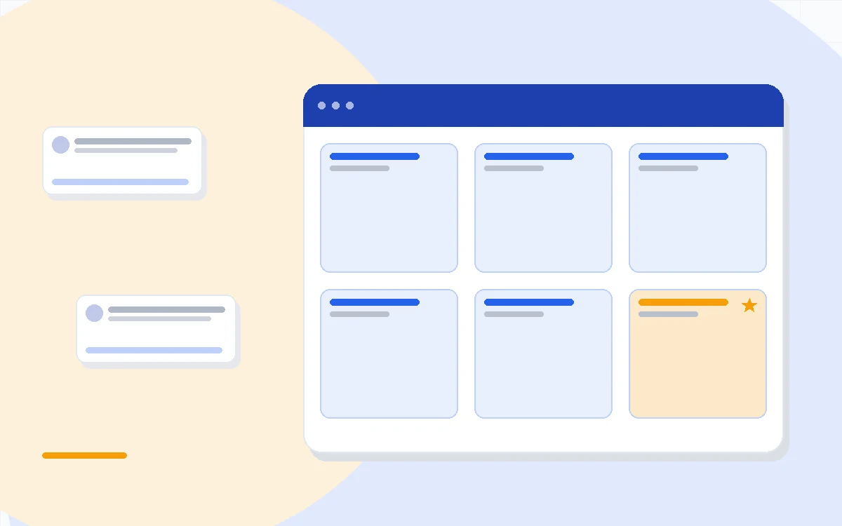 Flat illustration of a simple CRM pipeline with contact cards moving from new lead to closed deal, deep blue and amber palette