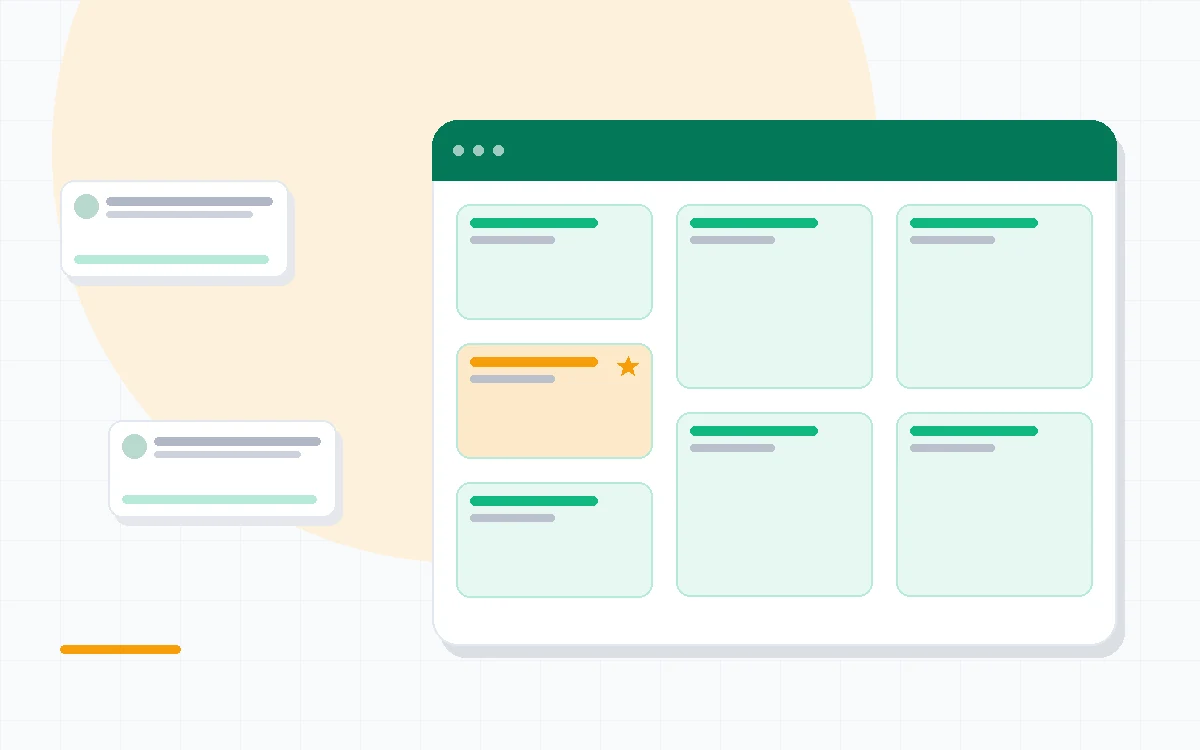 Flat illustration of a dense project dashboard with a workload bar chart, Gantt timeline and team member capacity cards, deep blue and amber palette