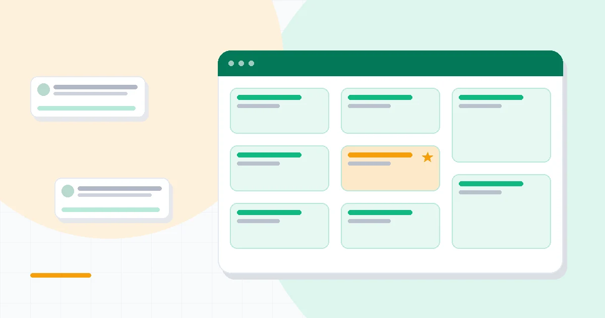 Flat illustration of two project boards with a large team of icons around them, deep blue and amber palette