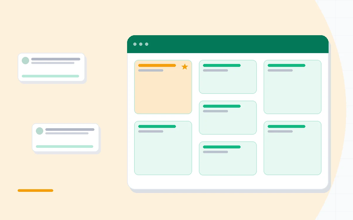 Flat illustration of a growing team of icons connected to two project boards, deep blue and amber palette