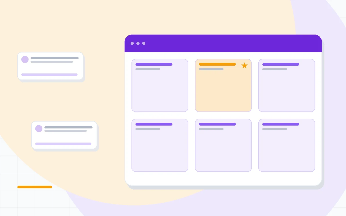 Flat illustration of an AI writing dashboard with article drafts and price tags, deep blue and amber palette