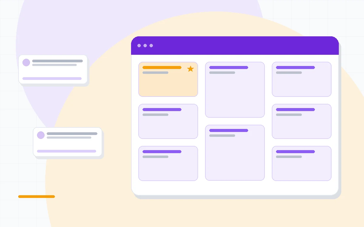 Flat illustration of an automation lightning bolt icon beside a chat bubble and a connected app grid, deep blue and amber palette