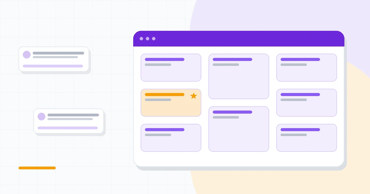 Flat illustration of an automation lightning bolt icon beside a chat bubble and a connected app grid, deep blue and amber palette