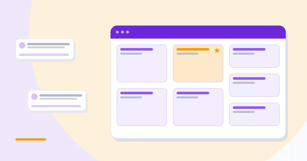 Flat illustration of a linear automation chain beside a branching visual scenario canvas, deep blue and amber palette