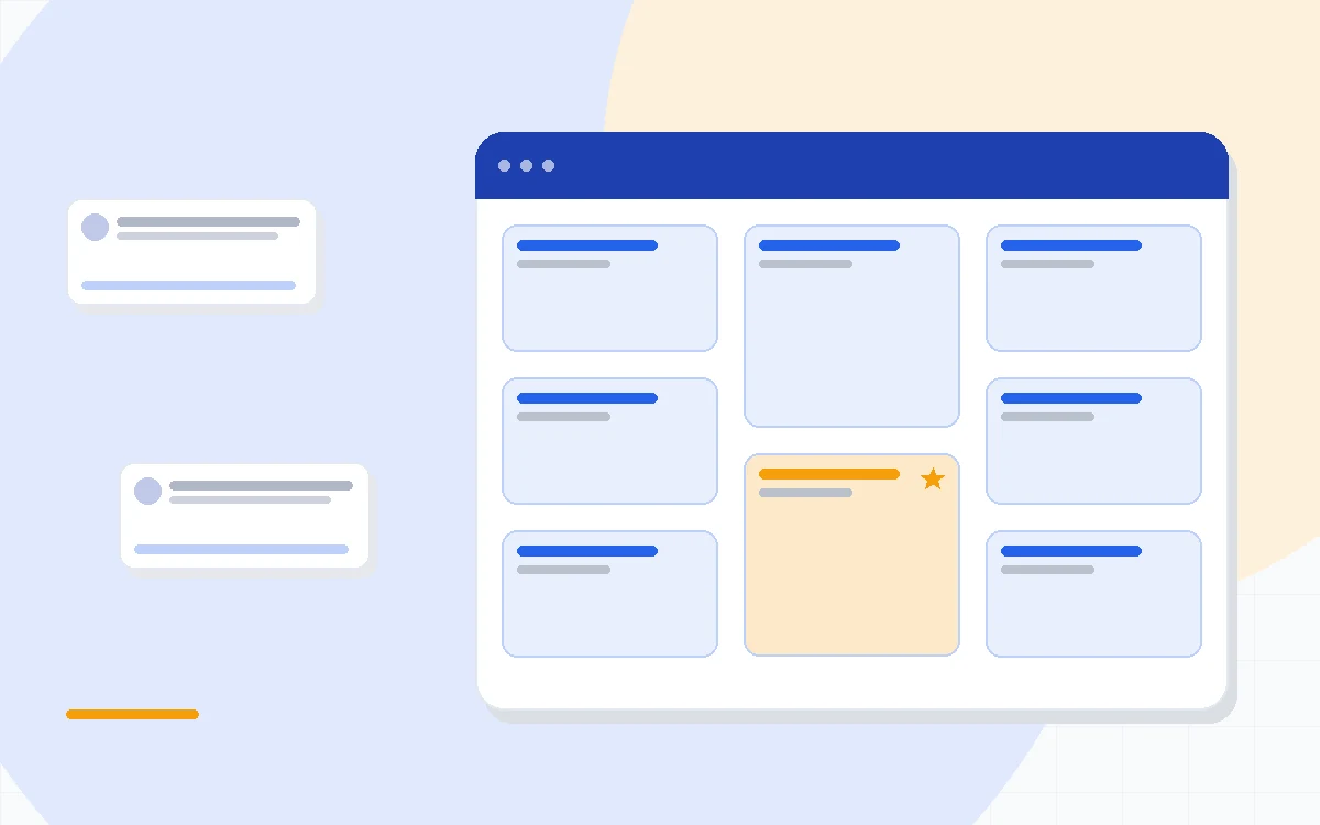Flat illustration of a sales pipeline card connected to a support ticket card, deep blue and amber palette