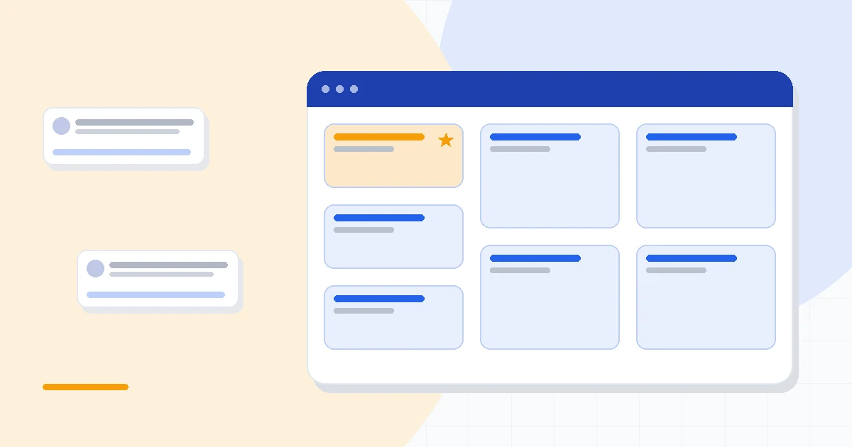 Flat illustration of a sales pipeline card connected to a support ticket card, deep blue and amber palette