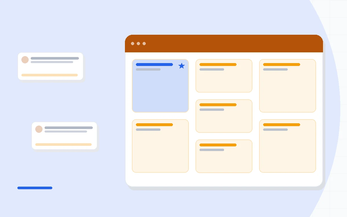 Flat illustration of an email campaign panel beside a subscriber list icon and a tiered pricing ladder, deep blue and amber palette