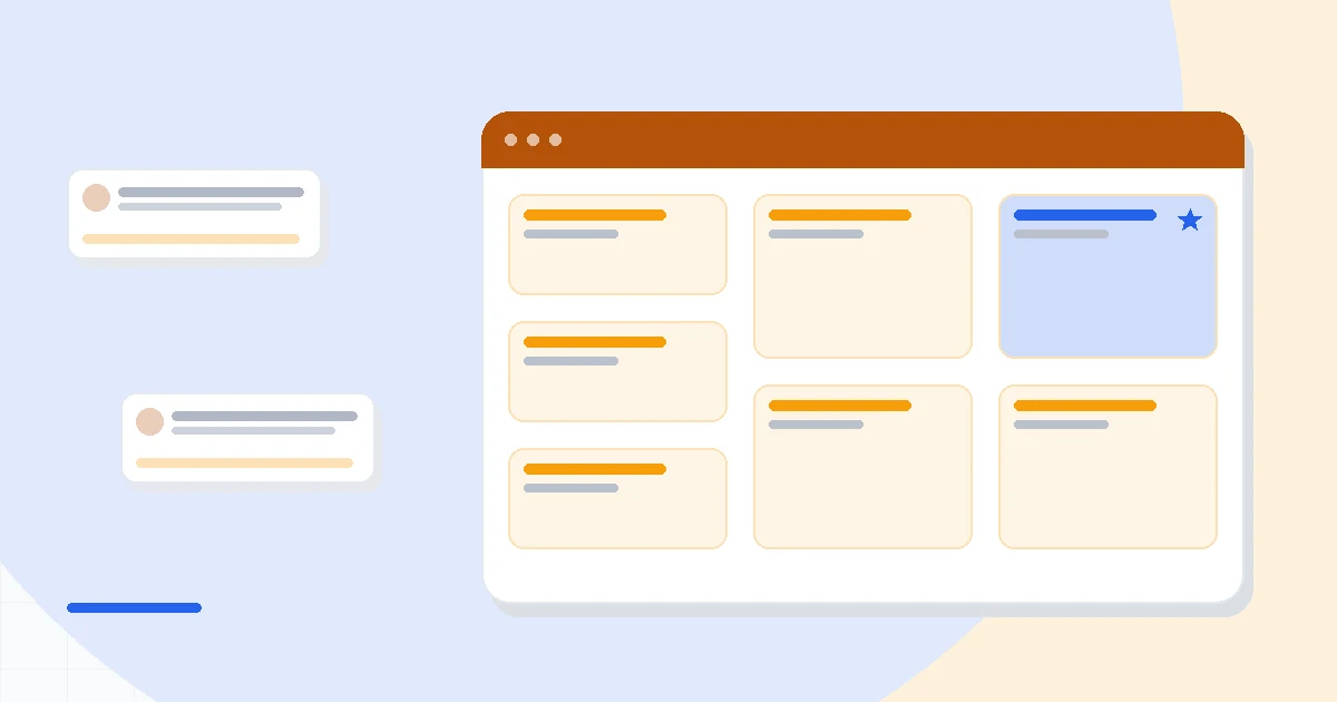 Flat illustration of an email campaign panel beside a subscriber list icon and a Zoho CRM sync arrow, deep blue and amber palette