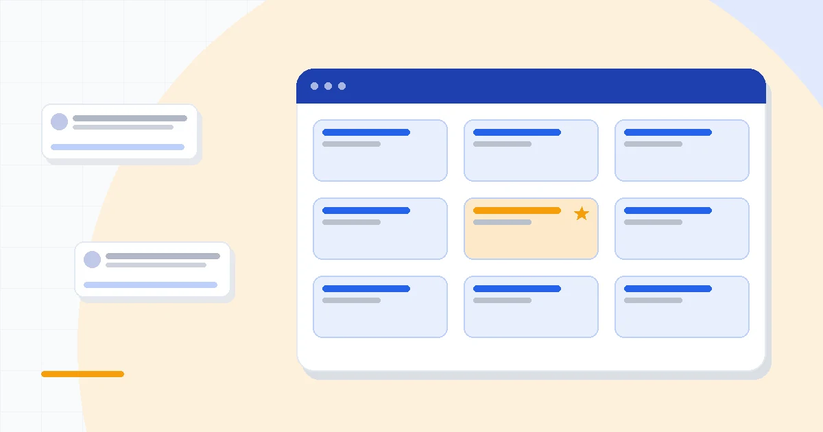 Flat illustration of two CRM dashboards side by side with a cost balance, deep blue and amber palette